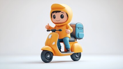 3D render of a young man in a yellow hoodie and blue trousers standing next to an electric kick scooter, giving a thumbs up. Modern urban transportation clip art isolated on a white background.