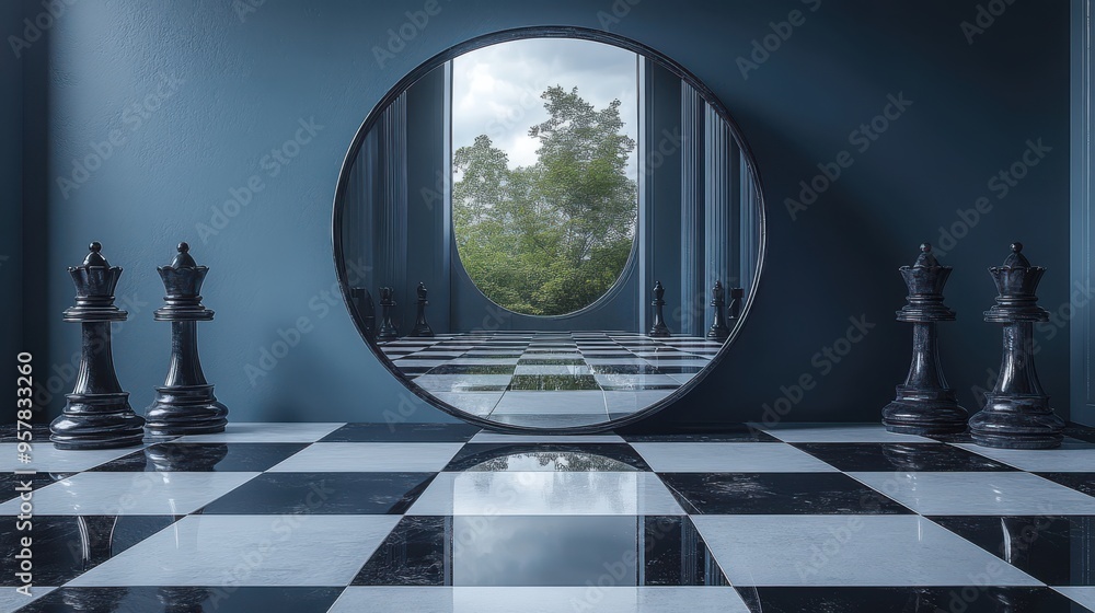 Poster 3d render of a chess knight piece in front of a round mirror, reflecting a minimalist composition of