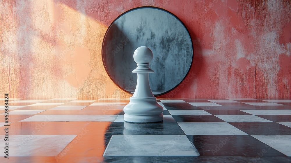 Poster 3d render of a chess knight piece in front of a round mirror, reflecting a minimalist composition of