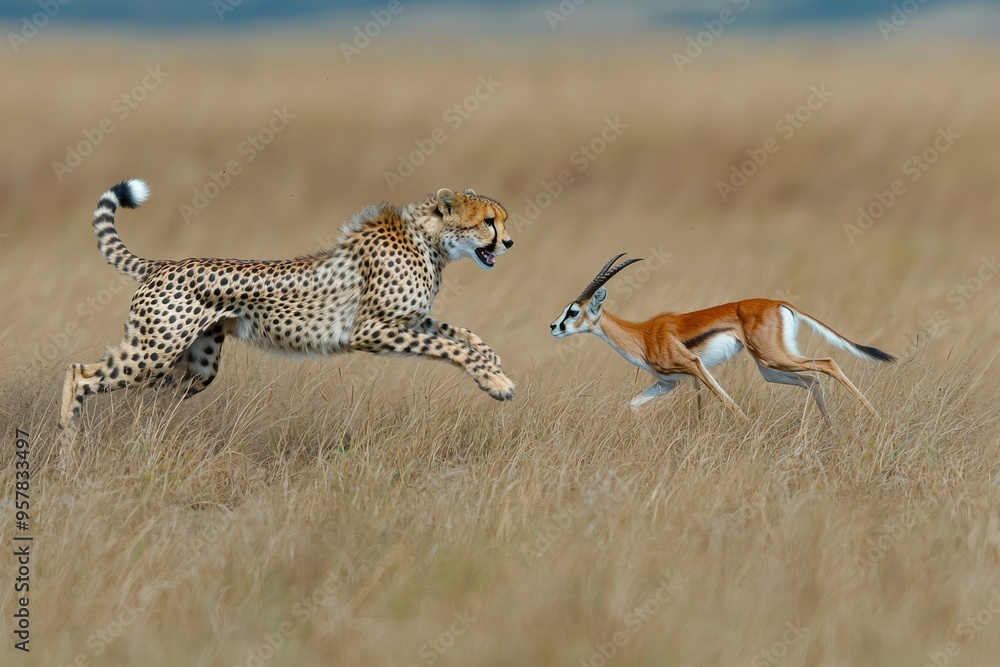 Wall mural Cheetah chasing a Thomson's gazelle in tall grass