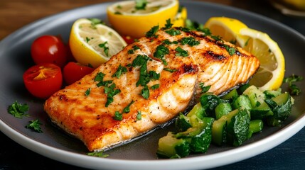Delicious grilled salmon fillet served with fresh vegetables and lemon slices on a plate. A healthy and appetizing meal presentation.