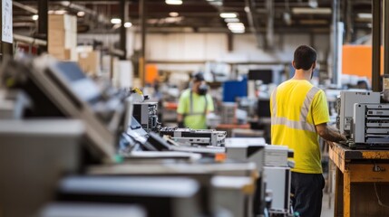Certified electronic recycling facility, with signs indicating compliance with environmental standards, workers processing electronics with precision, a focus on certifications and safety