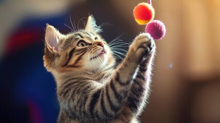 Cat playing with a dangling toy, paws batting playfully, fur fluffed up, high energy and fun...