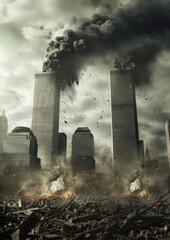 Twin Towers Destruction - Realistic Illustration of 9/11 Attack and Collapse in New York City
