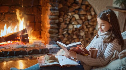 Fototapeta premium Ultra-sharp photograph of a girl enjoying a quiet moment by a crackling fireplace, with a book and a cup of hot cocoa