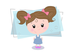 Cute little girl in blue dress with pink bows. Childhood concept. Vector illustration can be used for topics like kindergarten, primary school, child care