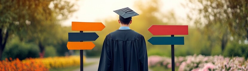 A young man in a graduation gown and cap stands at the crossroads