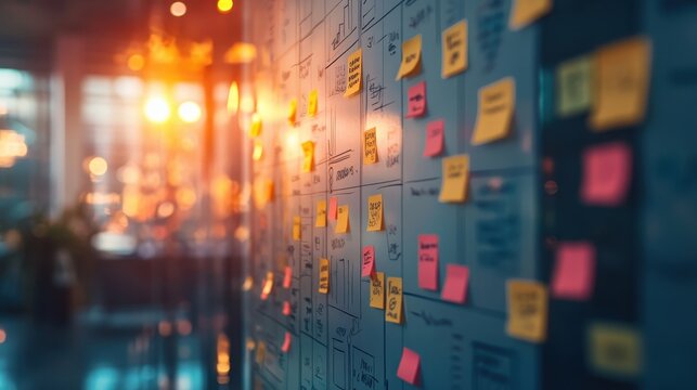 Creative Office Space with Sticky Notes on Glass Wall During Sunset, Brainstorming and Planning Session