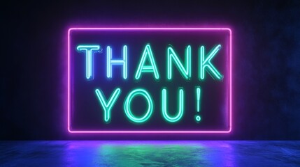 Neon Sign 'THANK YOU!' in Blue and Green Glowing Against Black Background, Bold and Illuminated