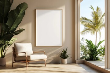 Poster Frame in Beige minimalist living room interior created with generative AI