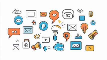 Communication and Social Media thin line icon set. Containing chat bubble, phone, email, megaphone, social media notifications, like button, share icon, hashtag, comment, video camera.