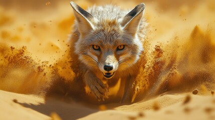 Fototapeta premium Dynamic Capture of a Swift Fox Running Through the Desert Sand with Intense Focus and Determination
