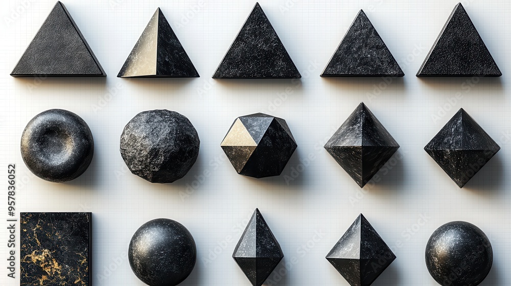 Poster 3d render collection of assorted geometric shapes, icons, signs, and symbols. black objects isolated