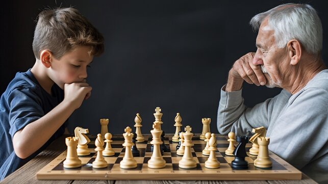 Ultra-clear photograph of a boy playing chess with his grandfather at a wooden table, deep in thought and concentration