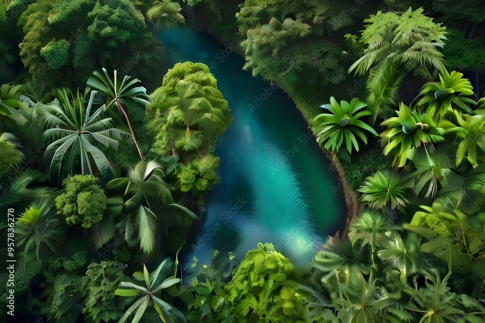 Wall mural river jungle tropical green forest summer tree magical nature generative ai