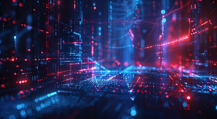 Fototapeta premium A futuristic cityscape with neon lights in blue and red house against a dark background. Concept of technology and cyberpunk urban landscape