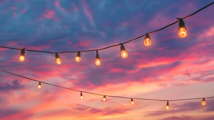 Against a serene sky a strand of lights with several lamps lighted