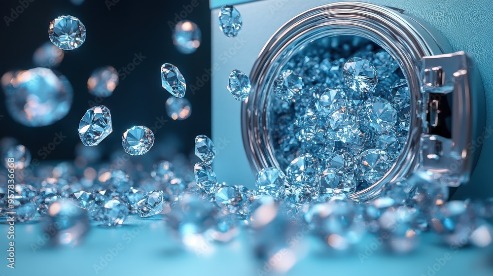 Poster 3d render of brilliant gems falling from an open safe box isolated on a blue background for savings 