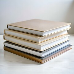 Stack of four hardcover books in beige. light brown. grey. and gold tones on a white surface.