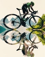 Obraz premium Superimposed image of a cyclist cycling while enjoying the natural scenery of mountains and forests, conveying the concept of exercise and travel.