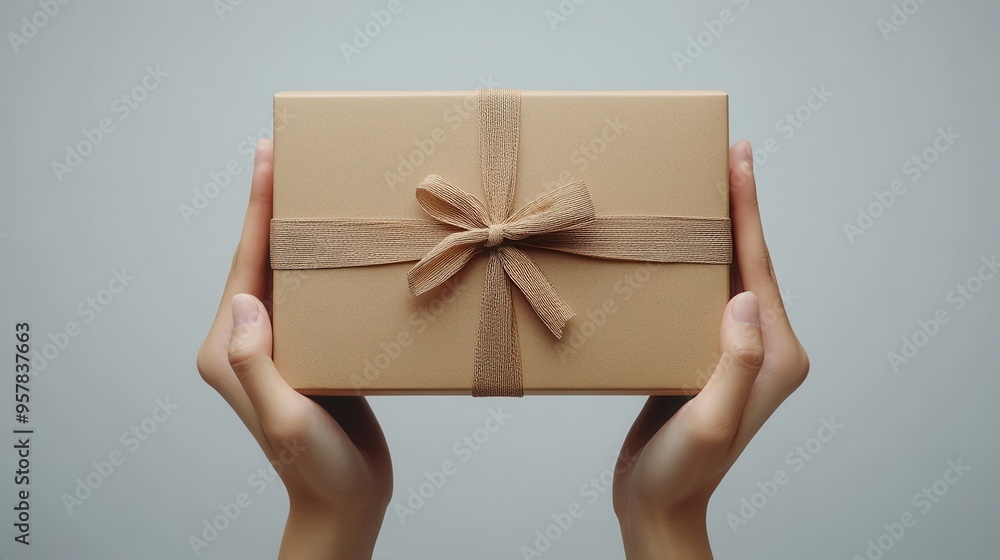 Poster 3d render of elastic cartoon hands holding a brown cardboard box for a blank package mockup with cop