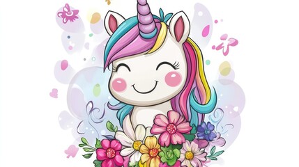 A cute cartoon unicorn with a bouquet of rainbow flowers, giving a sweet smile and a wink