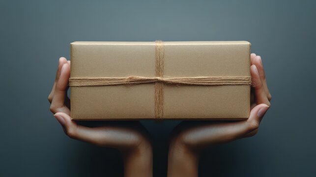 3D render of elastic cartoon hands holding a brown cardboard box for a blank package mockup with copy space. Isolated on a white background.