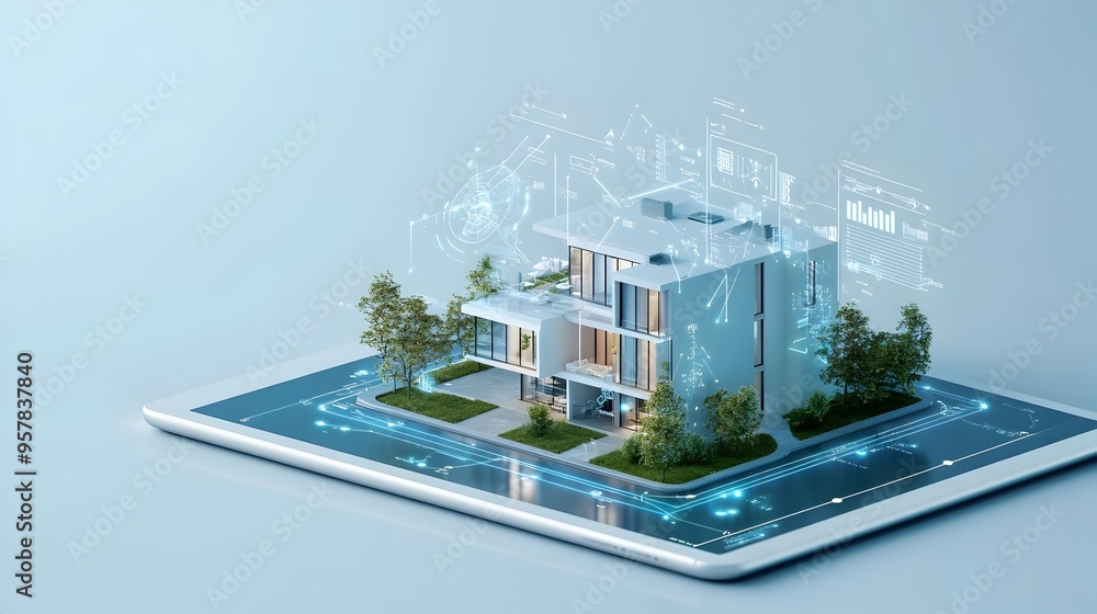 Poster smart home digital interface on tablet providing real time automation control and efficiency