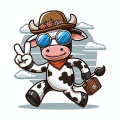 Fototapeta premium Groovy Cow Cartoon Vector Illustration