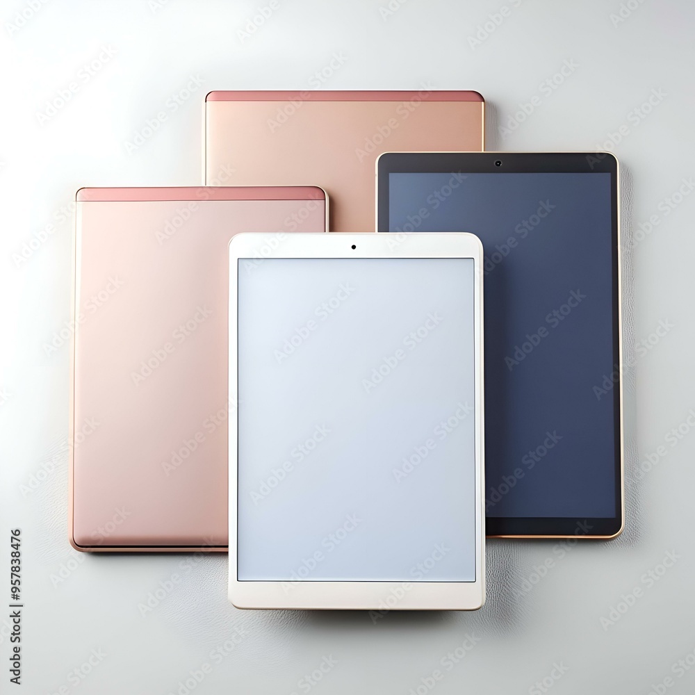 Poster three tablets in a modern and minimalist design. showcasing different colors and screen sizes.