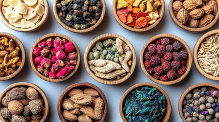 traditional Chinese herbal medicines displayed on a wooden surface. Ingredients include dried roots, leaves, and seeds, symbolizing natural healing, balance, and ancient wisdom
