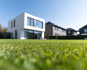 Modern white house with large windows sits on a lush green lawn.  A sunny day with blue sky.