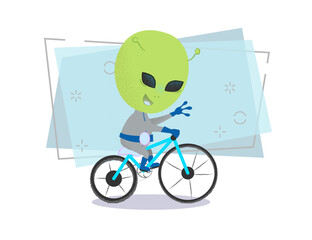 Happy alien riding bicycle and waving with hand. Character, mascot, leisure. Can be used for topics like ufo, science fiction, activity