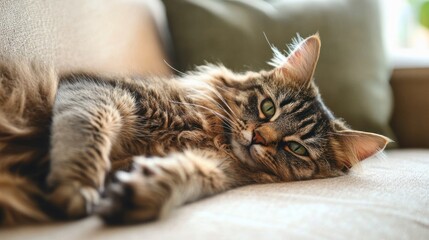 Fluffy cat lying on a couch, fur spread out, looking comfortable and relaxed, cozy home interior -