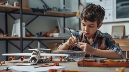 Ultra-clear image of a boy building a model airplane at his desk, showing concentration and creativity