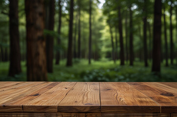 Smooth wooden tabletop with blurred lush green forest background, perfect for product placement.