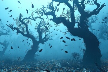 Fototapeta premium Magical underwater coral reef scene with silhouetted trees and marine life