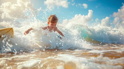 Ultra-sharp photograph of a boy learning to surf at the beach, riding the waves with excitement and determination