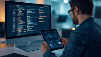 Focused developer coding on a tablet while working on a computer in a modern tech workspace with vibrant screens.