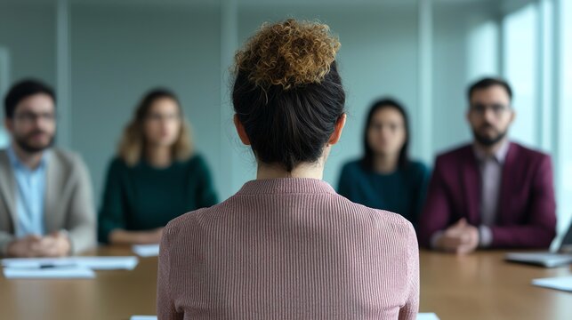 A woman sits in front of a group, preparing for a job interview in a modern conference room. Focused on her confident presence.