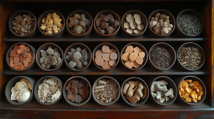 Fototapeta premium traditional Chinese herbal medicines displayed on a wooden surface. Ingredients include dried roots, leaves, and seeds, symbolizing natural healing, balance, and ancient wisdom