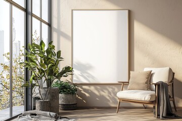 Poster Frame in Beige minimalist living room interior created with generative AI