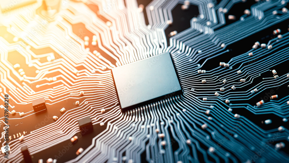 Poster abstract circuit board with microchip close-up