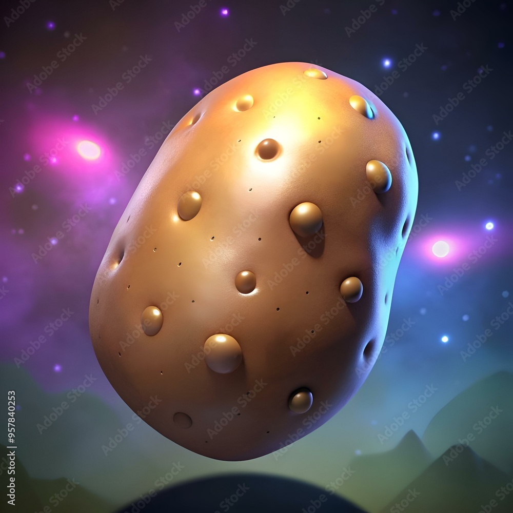 Poster a 3d rendering of a potato in space. with a shiny golden texture and a starry background.