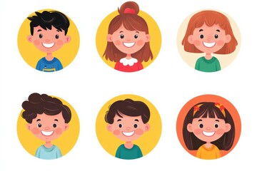 Happy kids avatars. Cute children smiling, boy girl in rounds vector set. Illustration girl and boy avatar, happy kids, child happiness