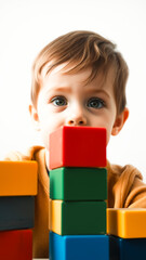 Young Boy Playing with Colorful Building Blocks