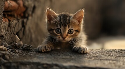 Fototapeta premium Kitten exploring a new environment, small paws reaching out, eyes wide with wonder, soft fur, playful mood