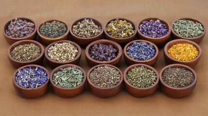 traditional Chinese herbal medicines displayed on a wooden surface. Ingredients include dried roots, leaves, and seeds, symbolizing natural healing, balance, and ancient wisdom
