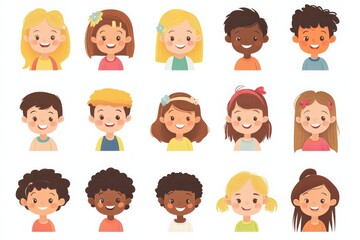 Set of children avatars. Bundle of smiling faces of boys and girls with different hairstyles, skin colors and ethnicities. Colorful flat vector illustration isolated on white background 