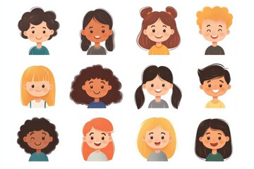 Set of children avatars. Bundle of smiling faces of boys and girls with different hairstyles, skin colors and ethnicities. Colorful flat vector illustration isolated on white background 